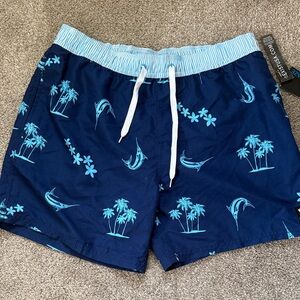 Men's Blue Swim Shorts with Palm Tree Print Size Large - Drawstring and pockets